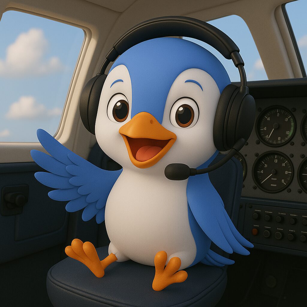 Artie the arctic tern flying a plane delivering good by air freight