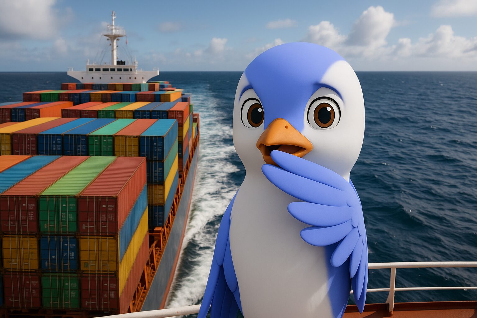 Peak Season Shipping - Artie Jenkar Artic Tern on a cargo ship sailing through sea